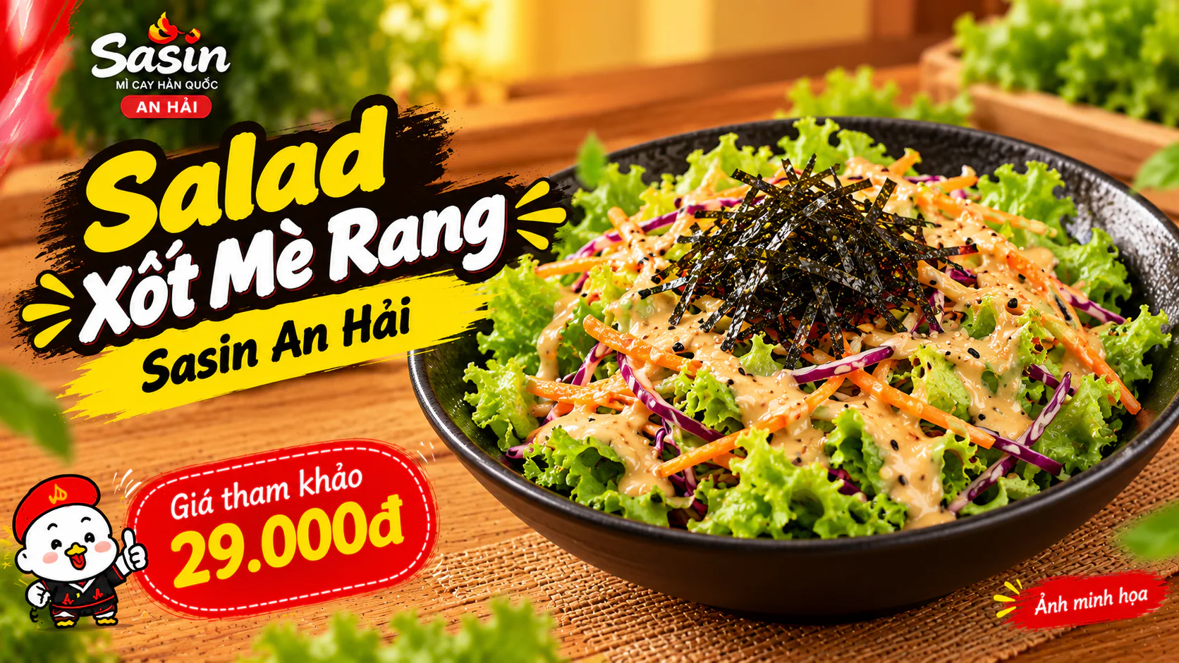 Salad rau phủ xốt mè rang trong tô đen theo ngữ cảnh món khai vị tại Sasin An Hải