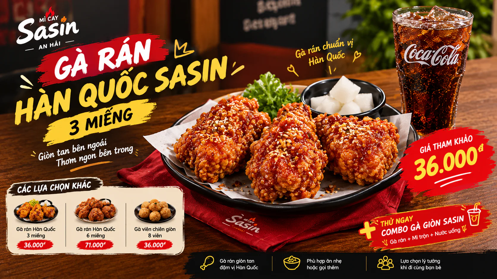 Phần gà rán Hàn Quốc 3 miếng trong menu Mì Cay Sasin An Hải tại Sơn Trà, Đà Nẵng