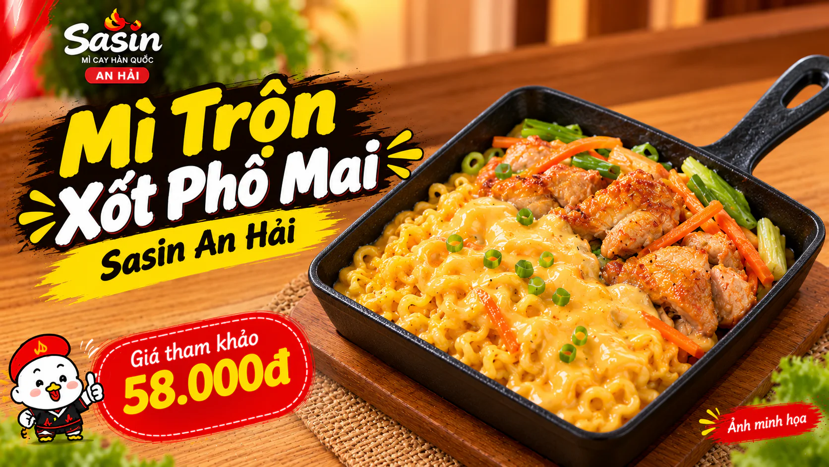 Mì với xốt phô mai và gà trong chảo đen, ảnh minh họa món mì trộn xốt phô mai Sasin An Hải