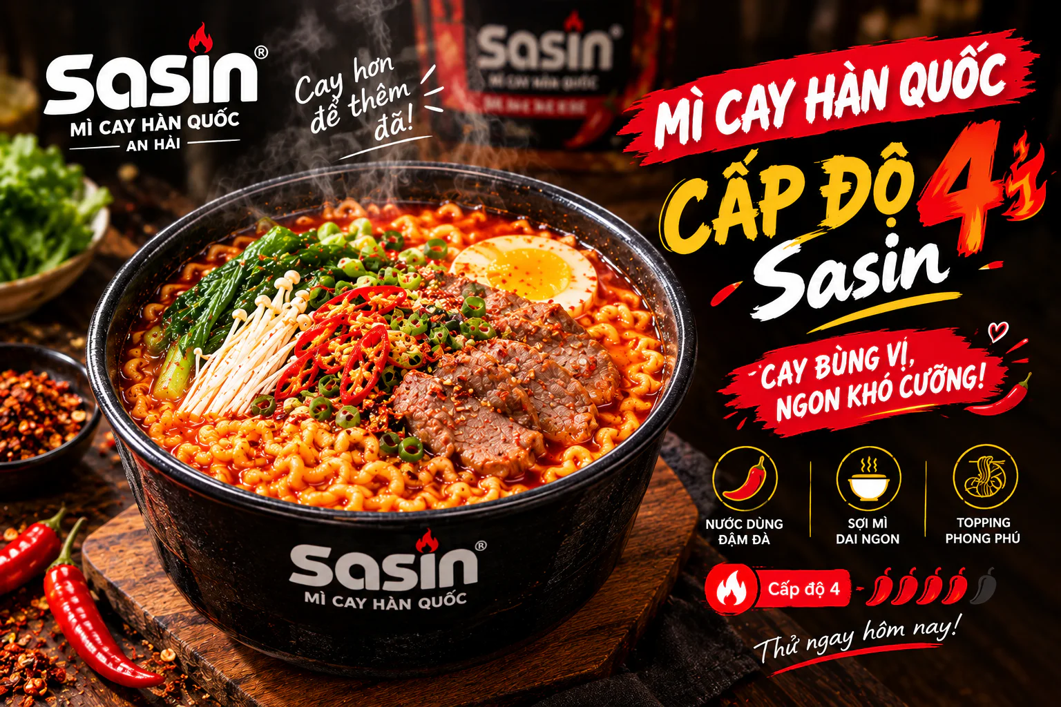 Tô mì cay Hàn Quốc cấp độ 4 Sasin nóng hổi với nước dùng đậm đà và topping hấp dẫn