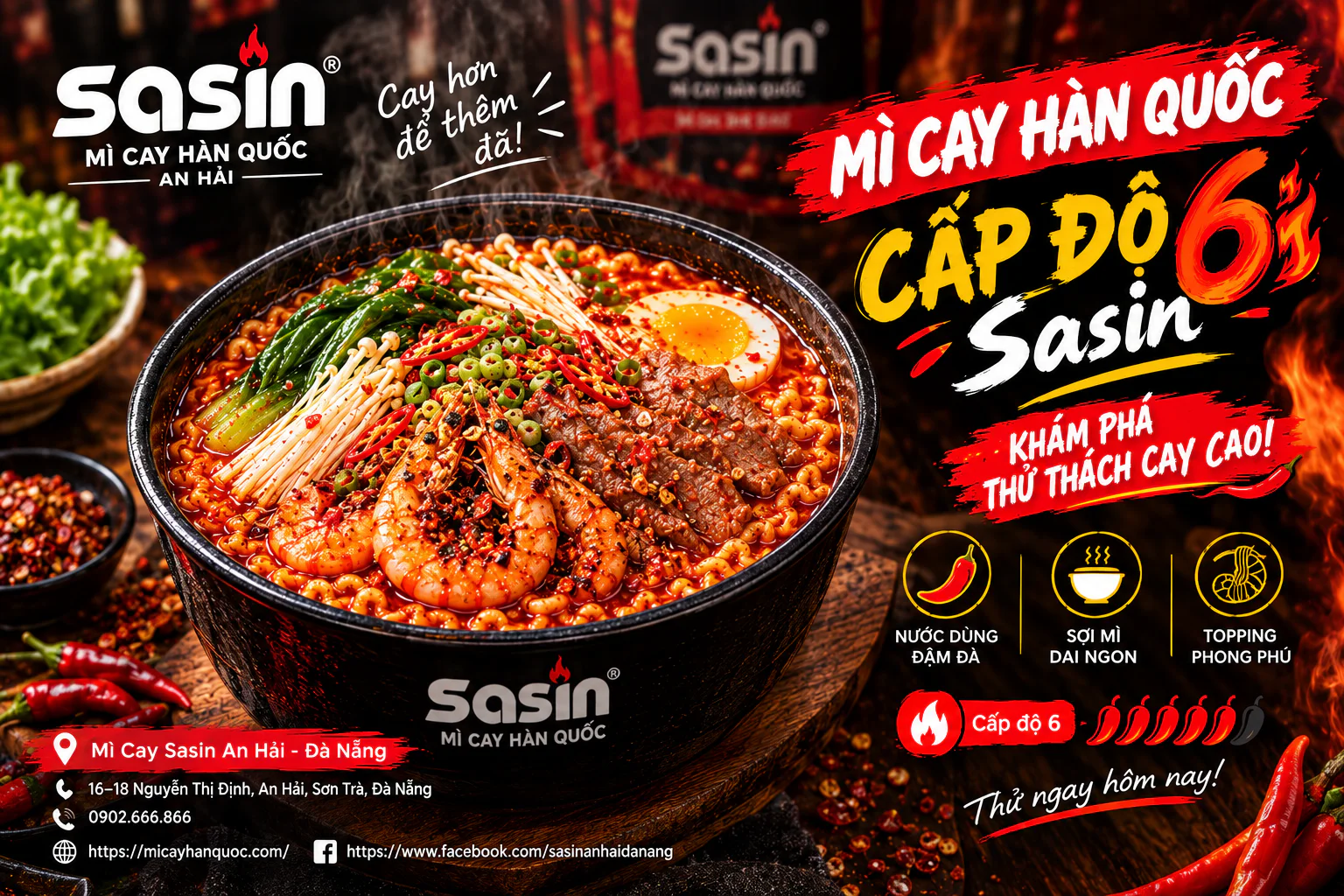 Tô mì cay Sasin cấp độ 6 với nước dùng đậm đà và topping phong phú
