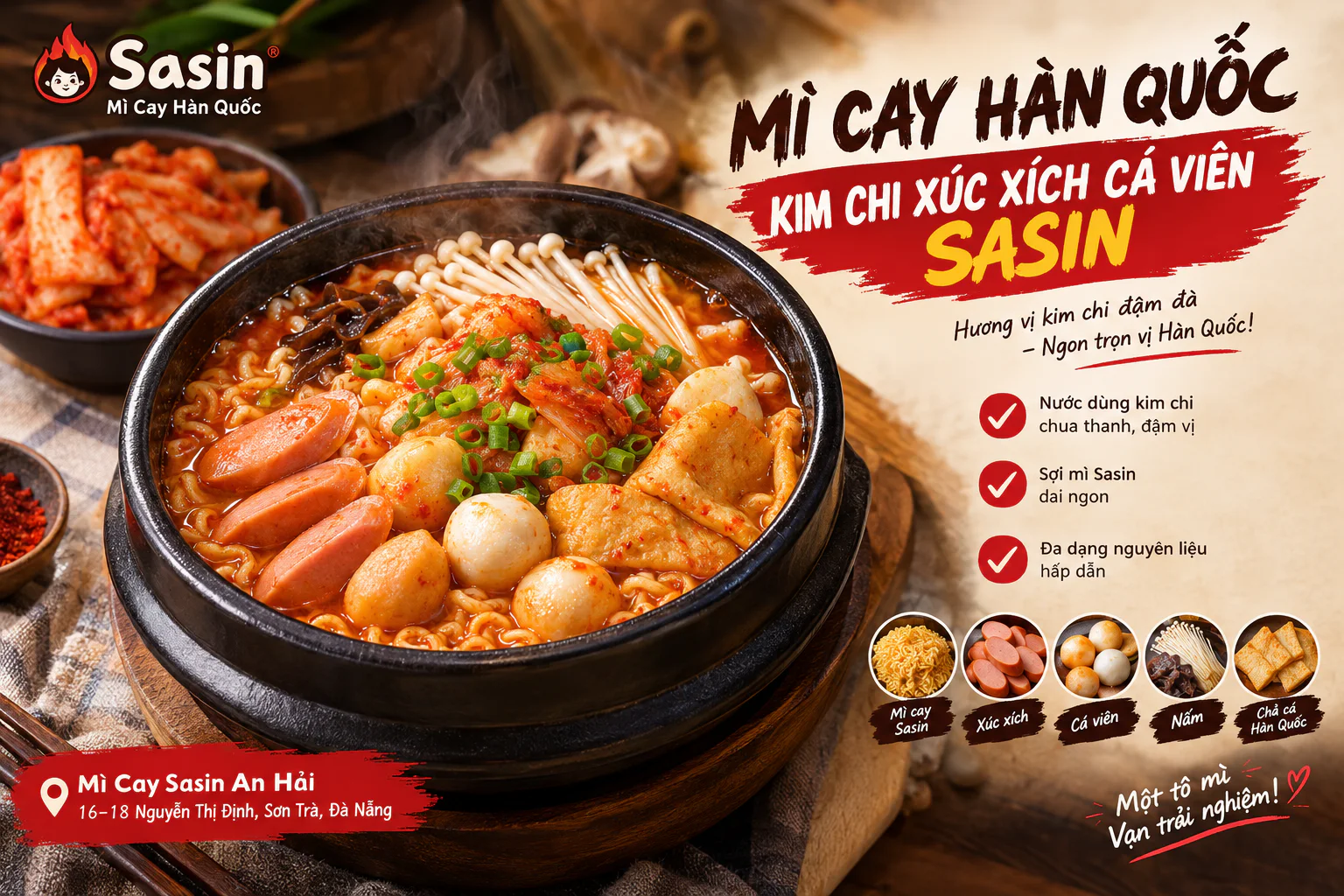 Tô mì cay Hàn Quốc Kim Chi Xúc Xích Cá Viên Sasin với nước dùng kimchi, xúc xích, cá viên, nấm và chả cá Hàn Quốc