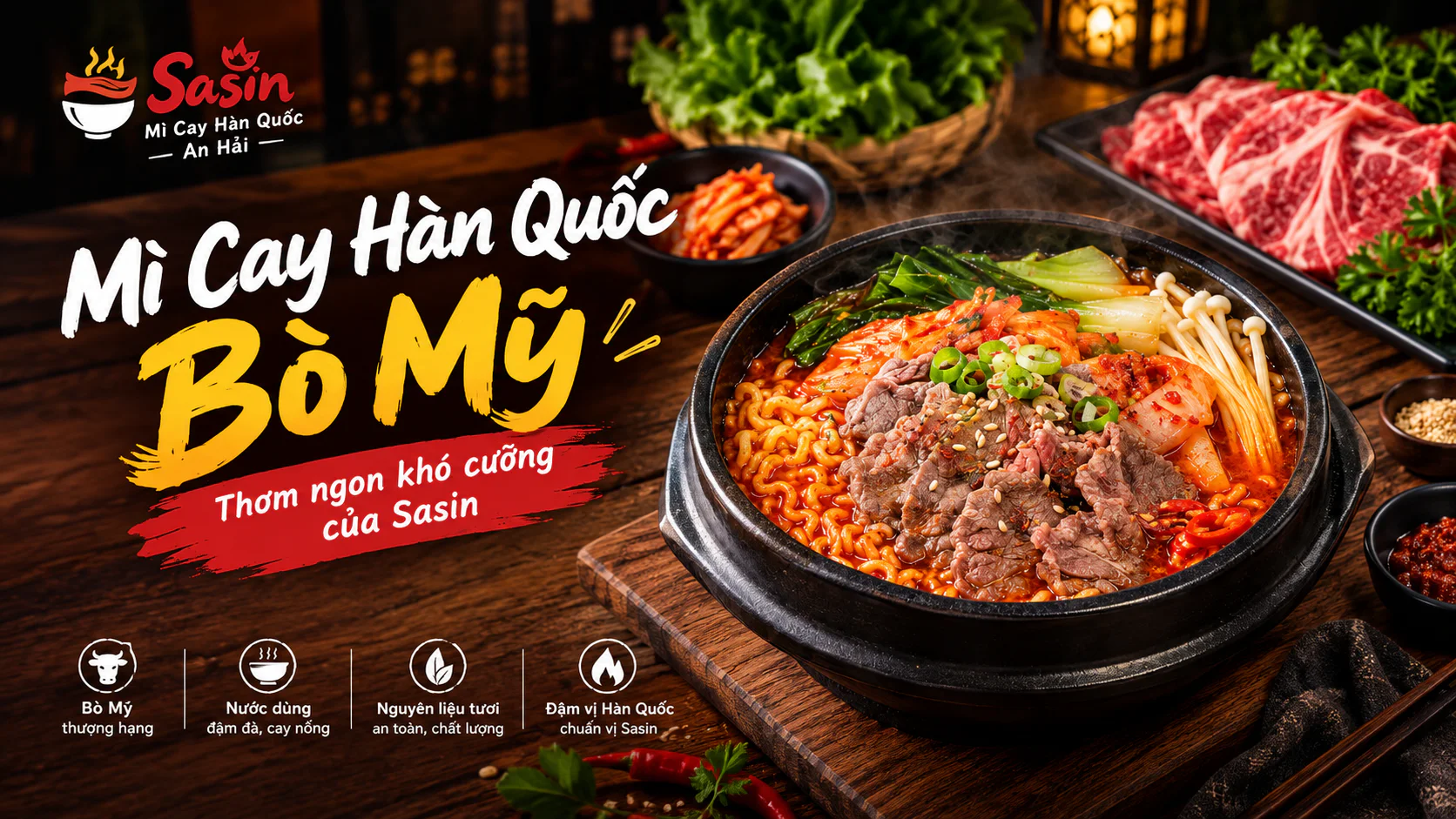 Tô mì cay Hàn Quốc bò Mỹ tại Sasin với thịt bò, rau nấm và nước dùng cay
