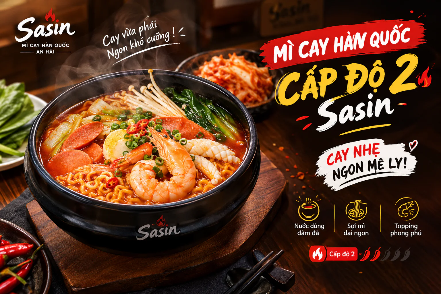 Tô mì cay Hàn Quốc cấp độ 2 Sasin với tôm, hải sản, nấm kim châm, rau xanh và nước dùng cay đậm đà