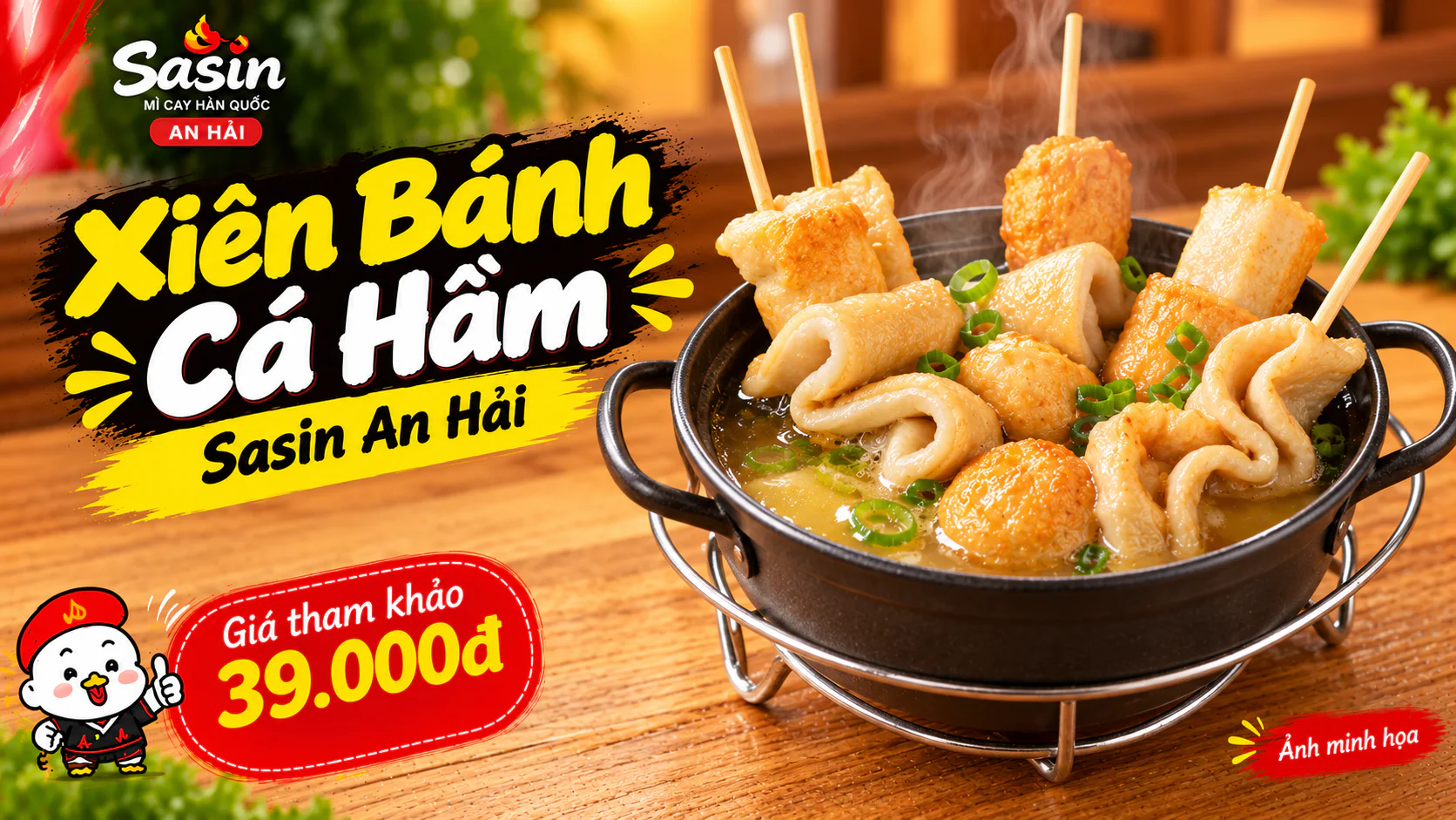 Xiên bánh cá hầm Sasin An Hải trong nồi nước dùng theo hình minh họa menu