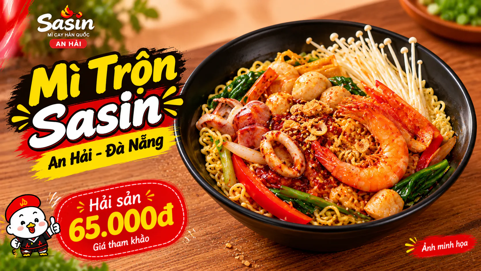 Tô mì trộn Sasin An Hải với tôm, mực và rau, ảnh minh họa phiên bản Hải sản