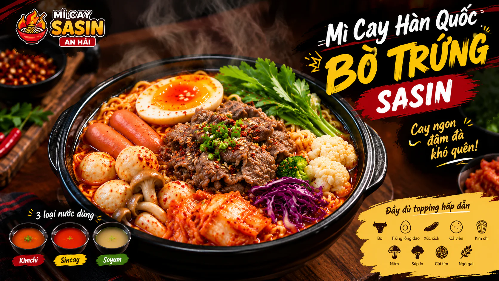 Tô mì cay Hàn Quốc bò trứng Sasin với bò, trứng lòng đào và rau ăn kèm