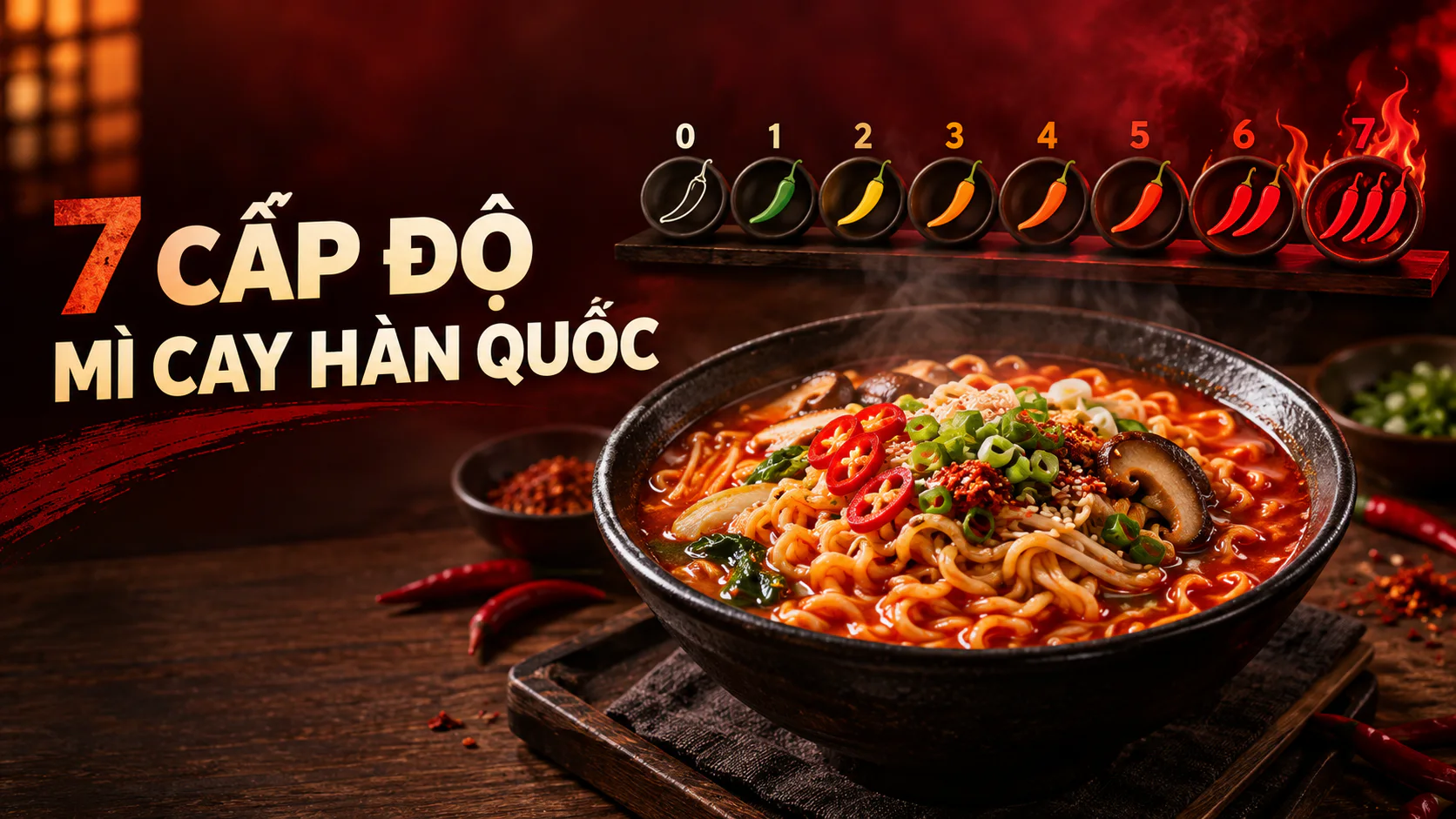 Bát mì cay Hàn Quốc với các cấp độ cay từ cấp 0 đến cấp 7