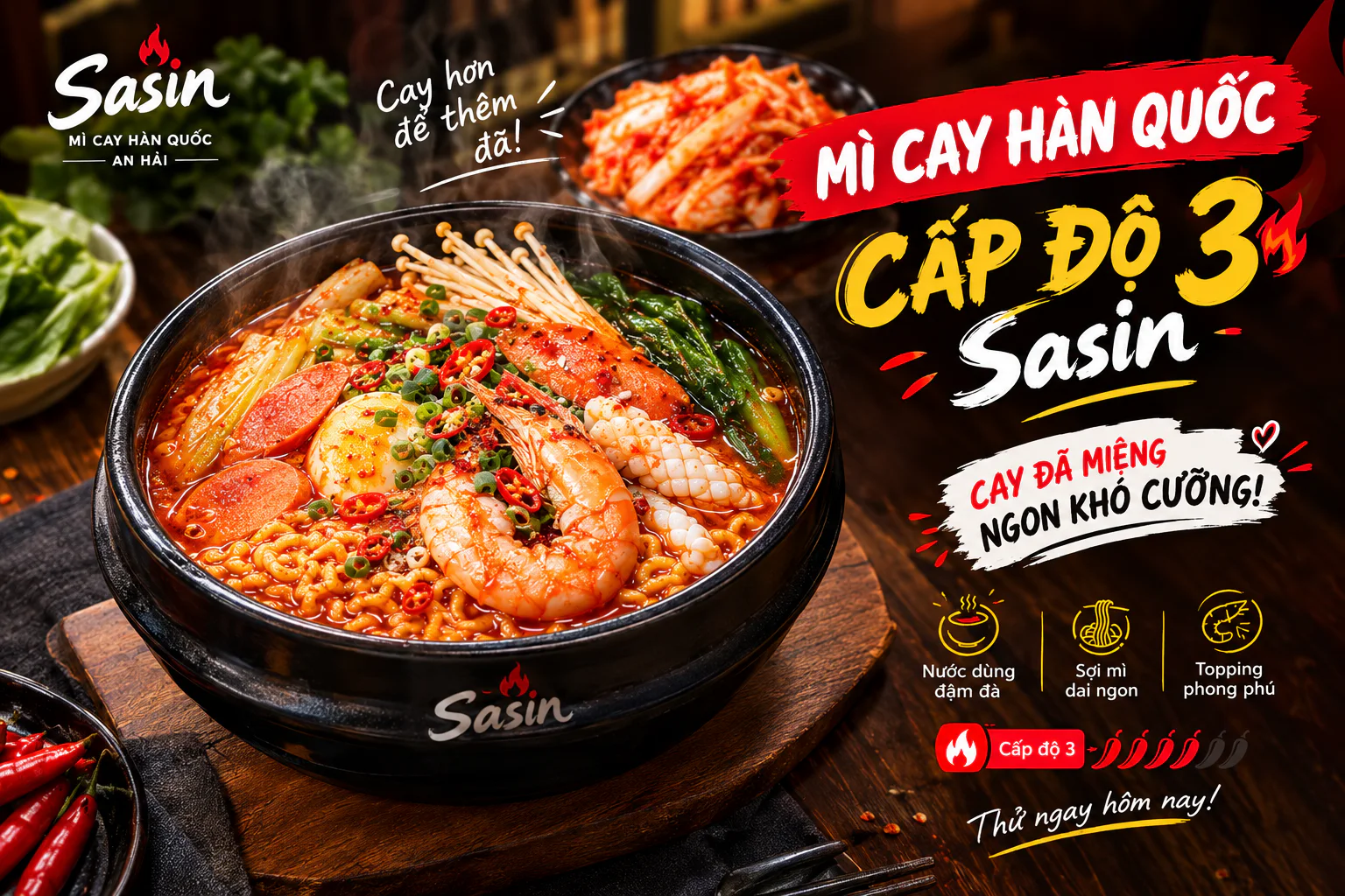 Mì cay Hàn Quốc cấp độ 3 Sasin với nước dùng đỏ cay và topping hấp dẫn