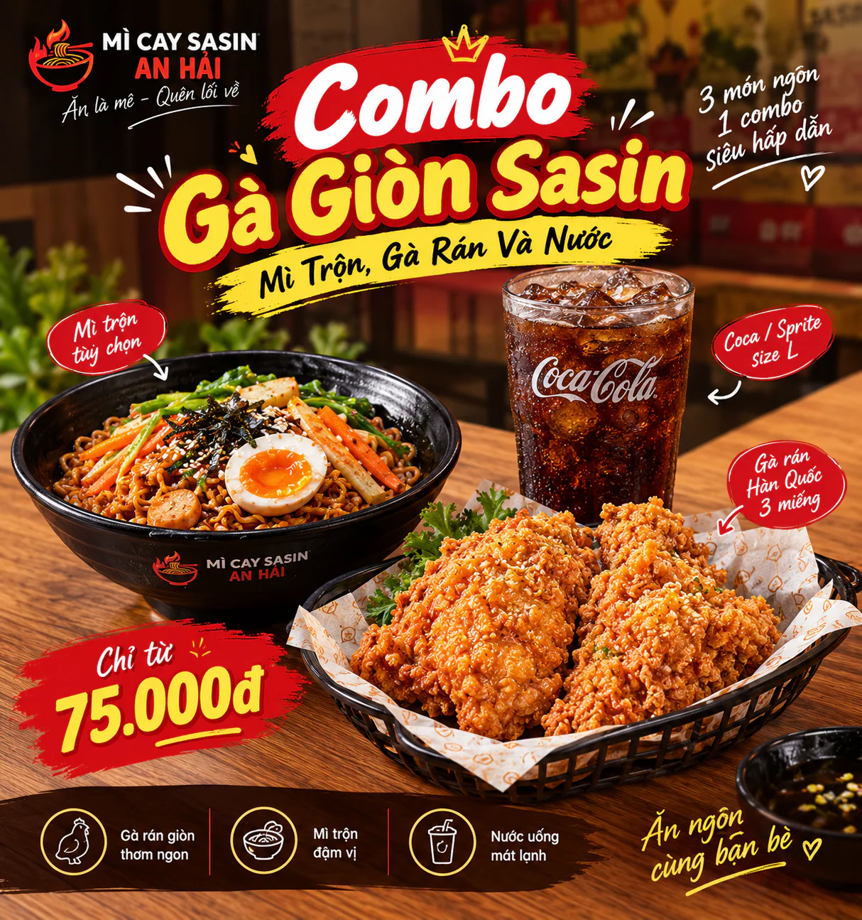 Combo Gà Giòn Sasin An Hải gồm mì trộn, gà rán Hàn Quốc và nước uống size L