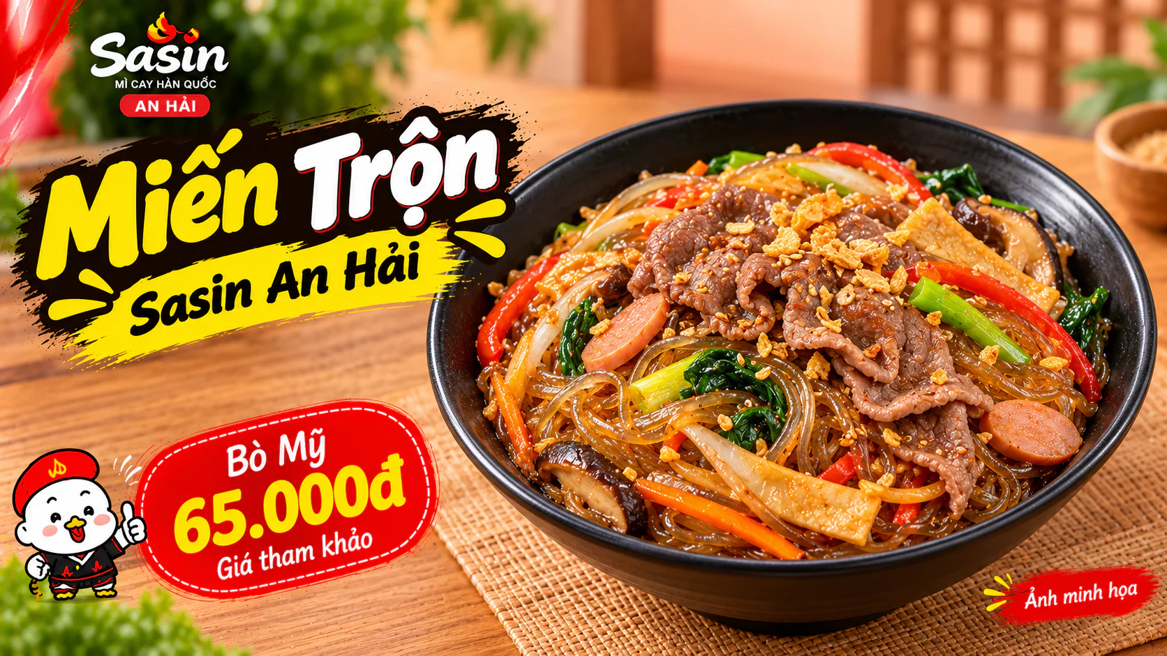Tô miến trộn với bò Mỹ, chả cá và rau tại Sasin An Hải, ảnh minh họa