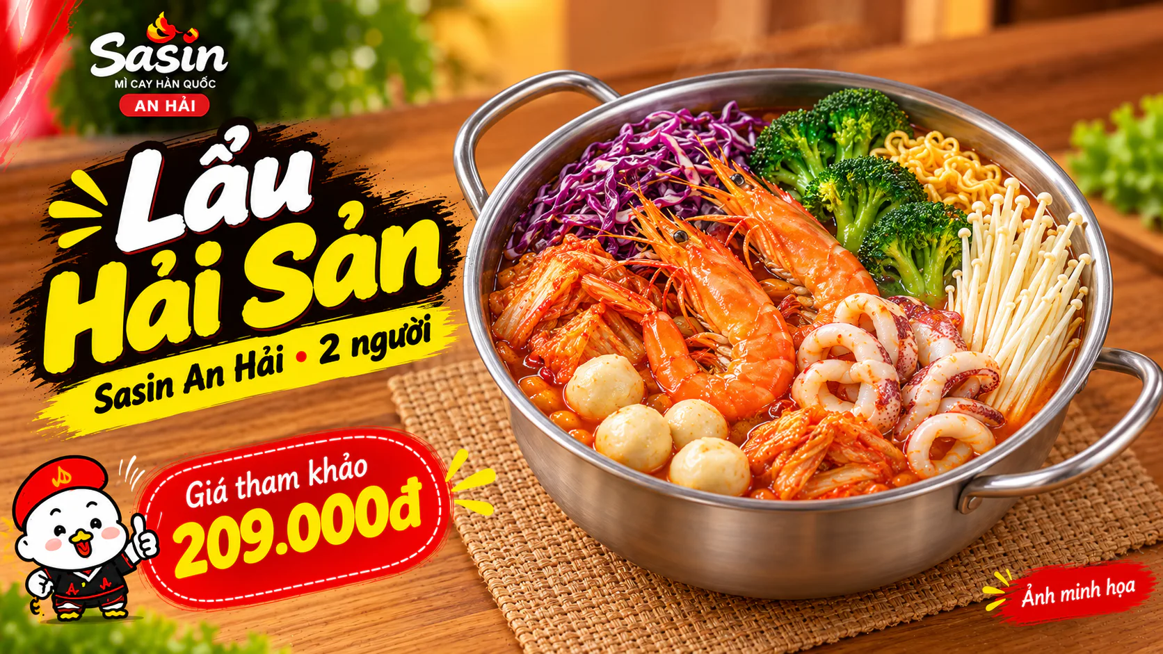 Nồi lẩu hải sản với tôm, mực, cá viên, nấm và rau, ảnh minh họa món lẩu Sasin An Hải