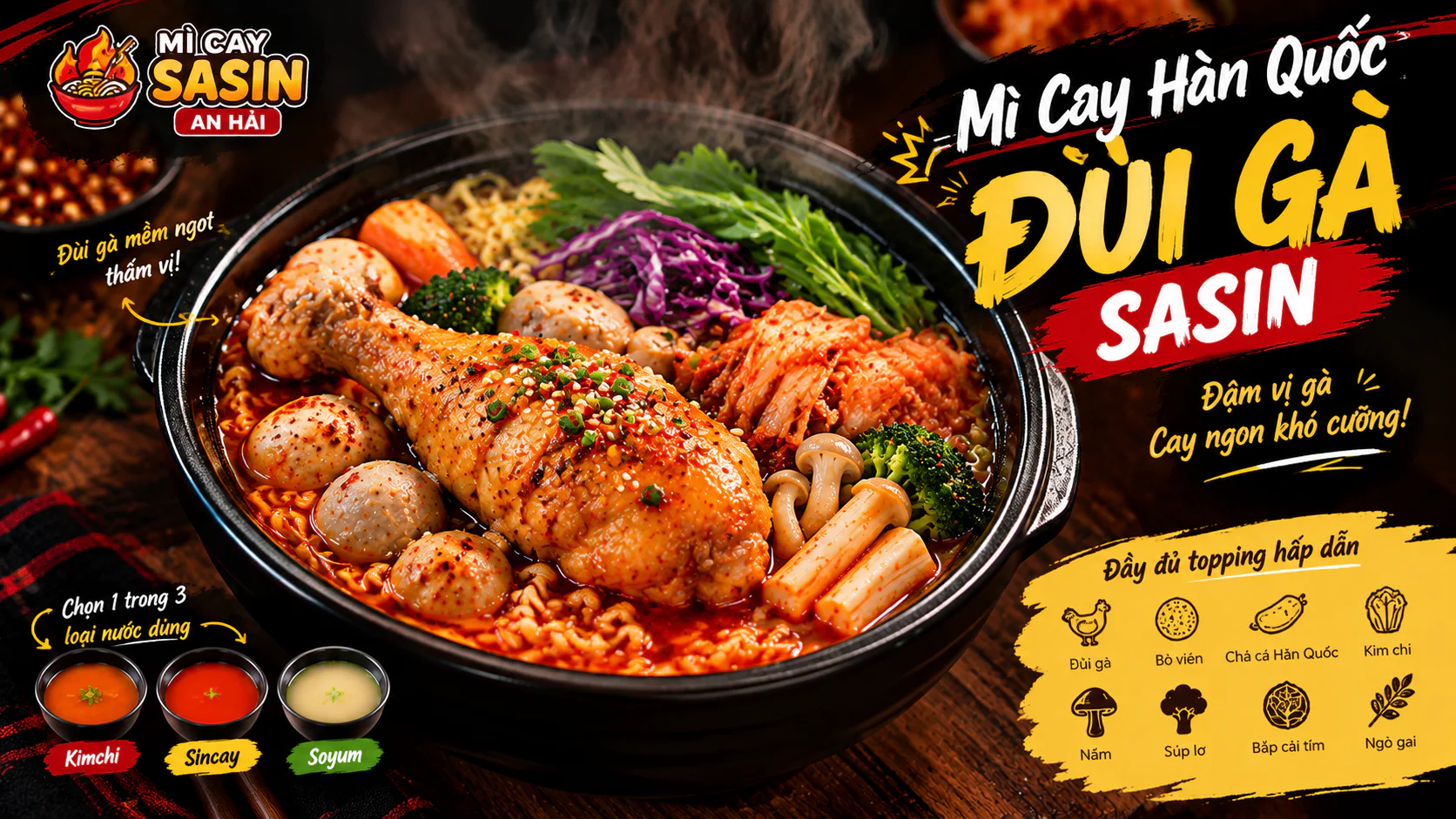 Tô mì cay Hàn Quốc đùi gà Sasin với bò viên, chả cá, kim chi và rau ăn kèm