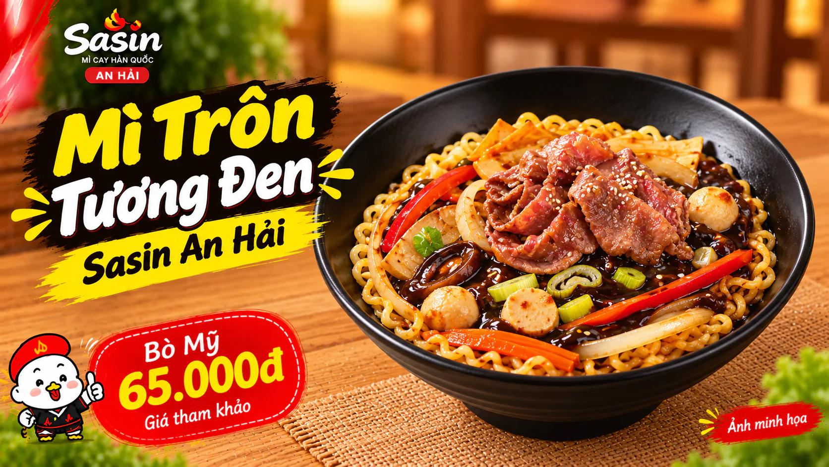 Tô mì trộn tương đen với topping bò Mỹ tại Sasin An Hải, ảnh minh họa món
