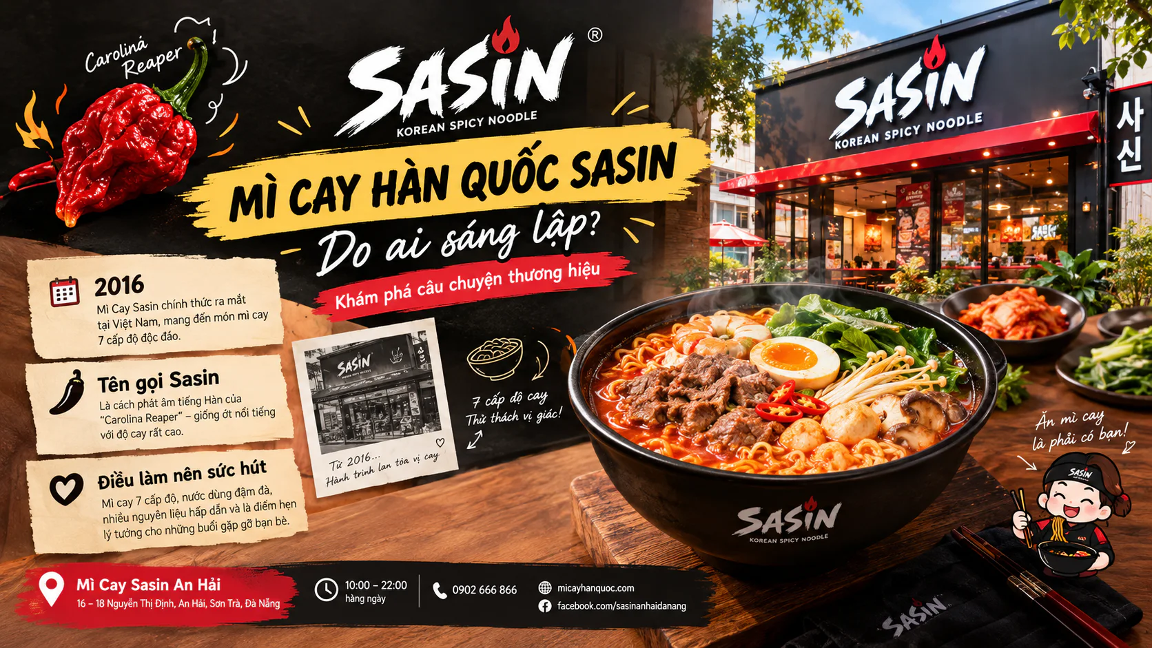 Tô mì cay Hàn Quốc Sasin nóng hổi với nước dùng cay và topping