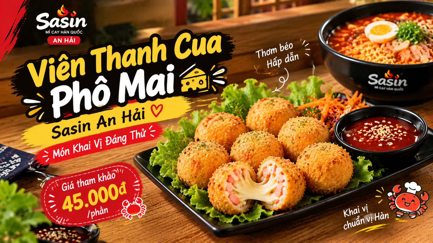 Viên Thanh Cua Phô Mai trong menu khai vị Mì Cay Sasin An Hải