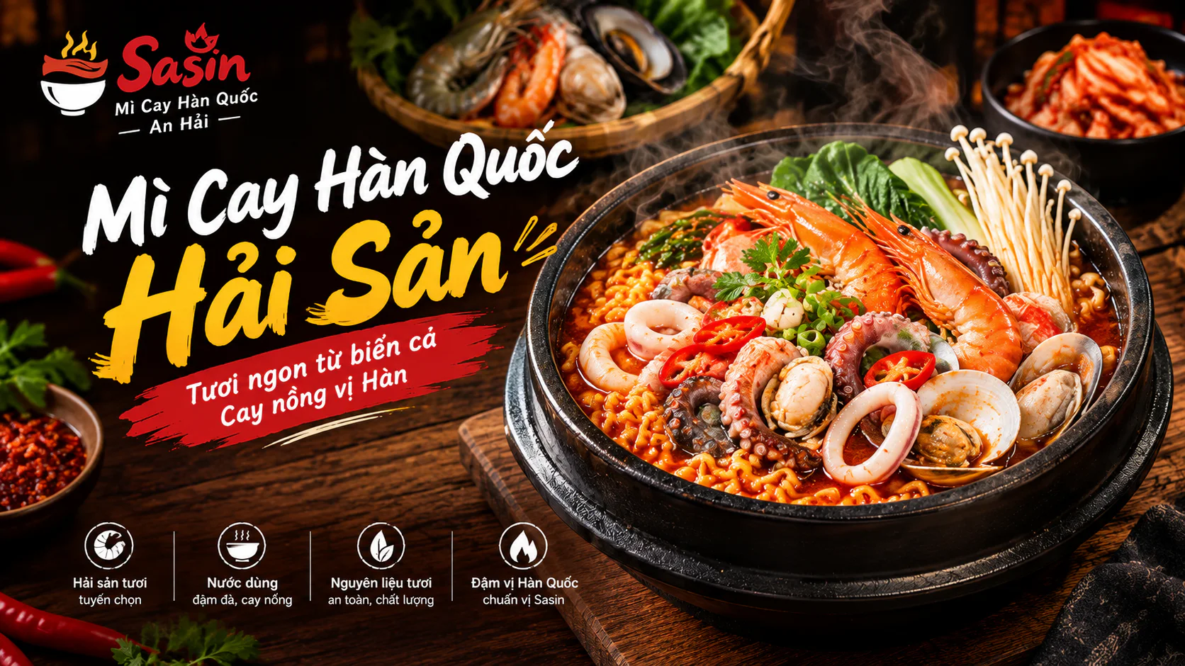Tô mì cay Hàn Quốc hải sản với tôm, mực, bạch tuộc, nghêu, nấm kim châm và rau xanh trong nước dùng đỏ cay nóng hổi