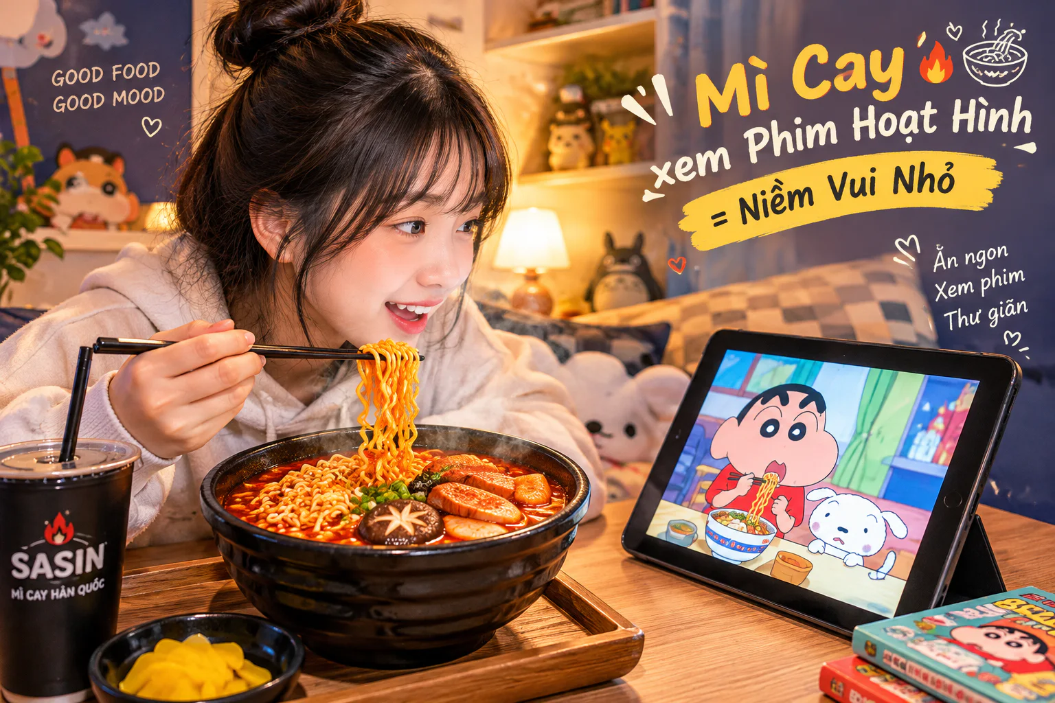 Cô gái trẻ thưởng thức tô mì cay Hàn Quốc nóng hổi bên máy tính bảng đang phát phim hoạt hình trong không gian ấm cúng