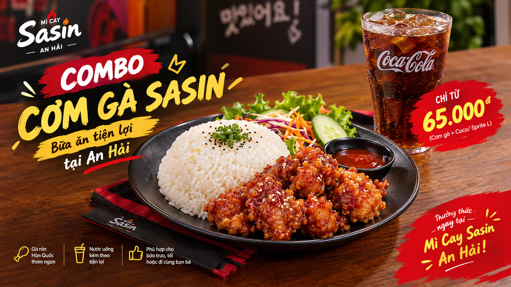 Combo Cơm Gà Sasin gồm cơm gà rán Hàn Quốc và nước uống tại Mì Cay Sasin An Hải, Đà Nẵng