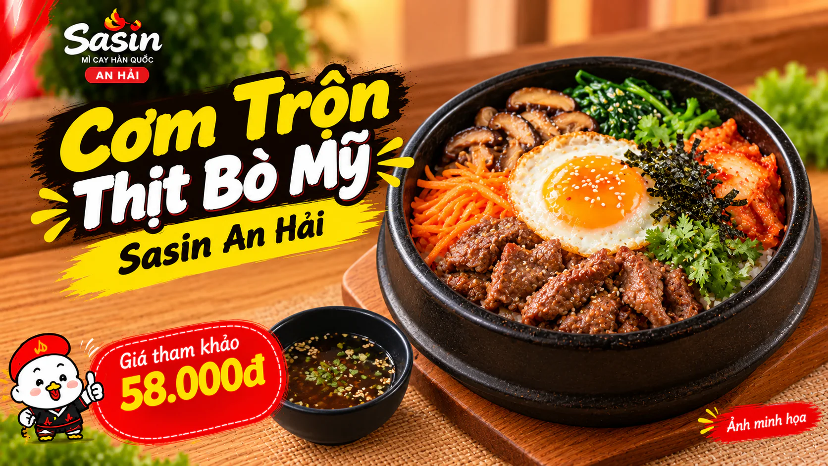 Cơm trộn với bò, trứng và rau trong tô đen, ảnh minh họa món cơm trộn thịt bò Mỹ Sasin An Hải