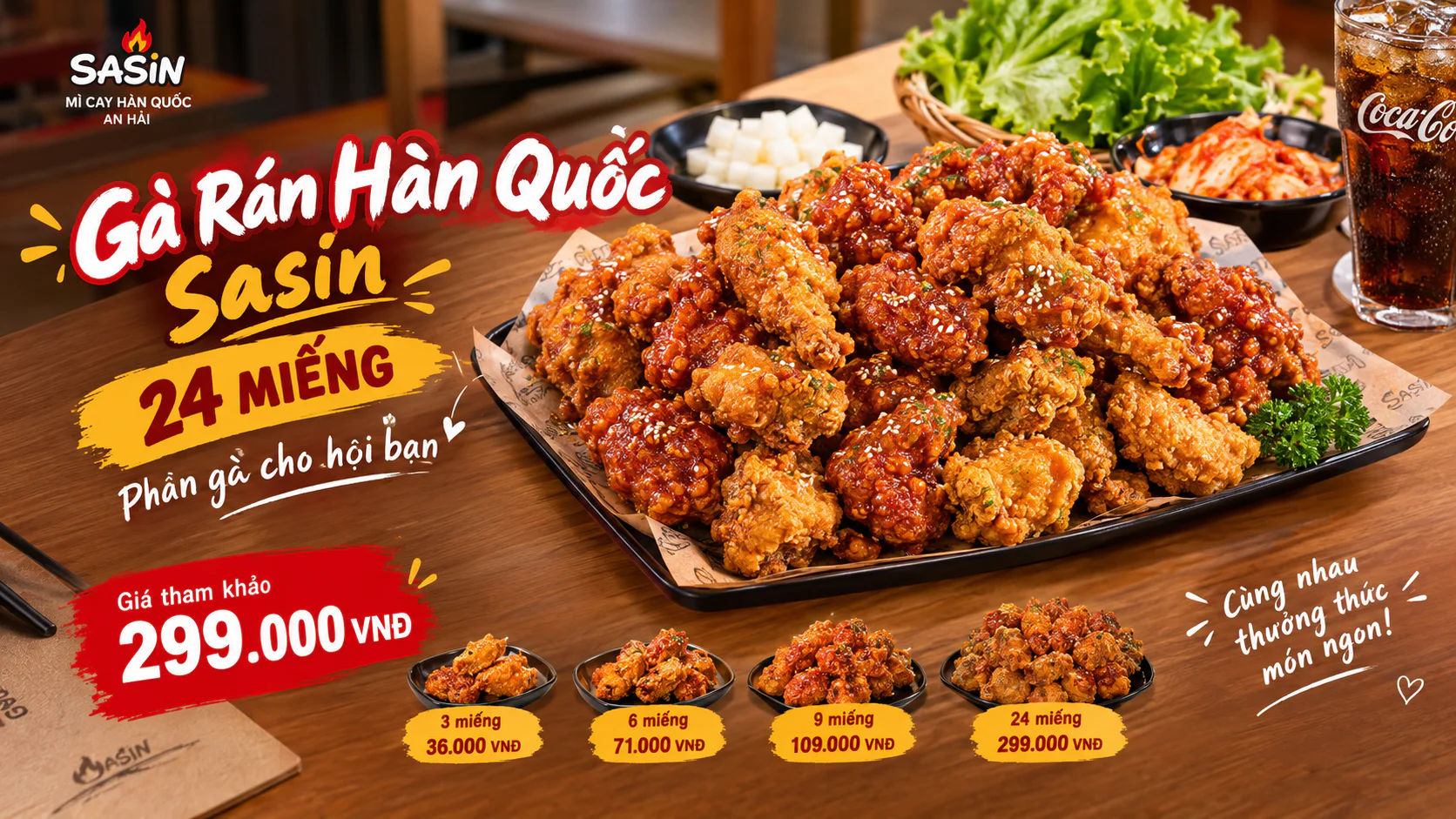 Gà rán Hàn Quốc Sasin 24 miếng vàng giòn ăn kèm củ cải muối và kim chi cho nhóm bạn tại Mì Cay Sasin An Hải