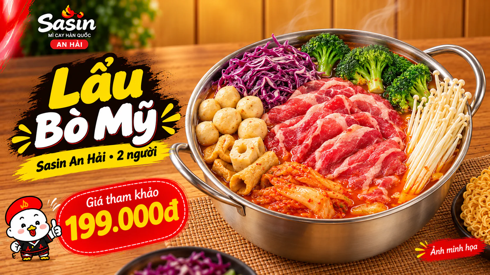 Nồi lẩu bò Mỹ Sasin An Hải với cá viên, chả cá, nấm kim châm và rau trong ảnh minh họa món lẩu
