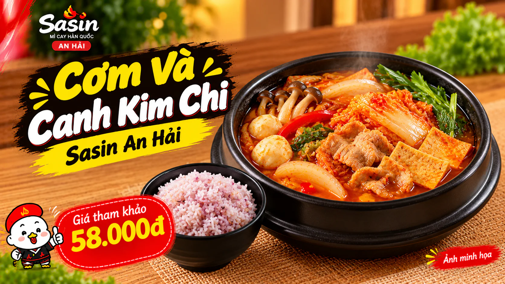 Tô canh kim chi cùng bát cơm riêng trong phần cơm và canh kim chi Sasin An Hải