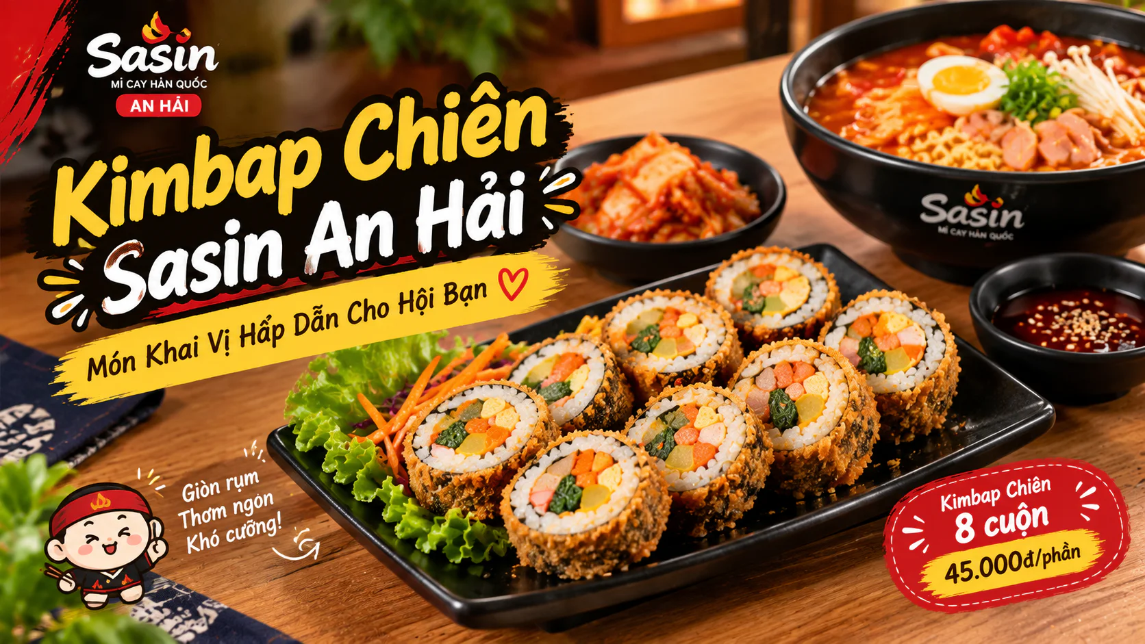 Kimbap chiên vàng giòn bày trên đĩa cùng rau củ, kim chi, nước chấm và tô mì cay Hàn Quốc