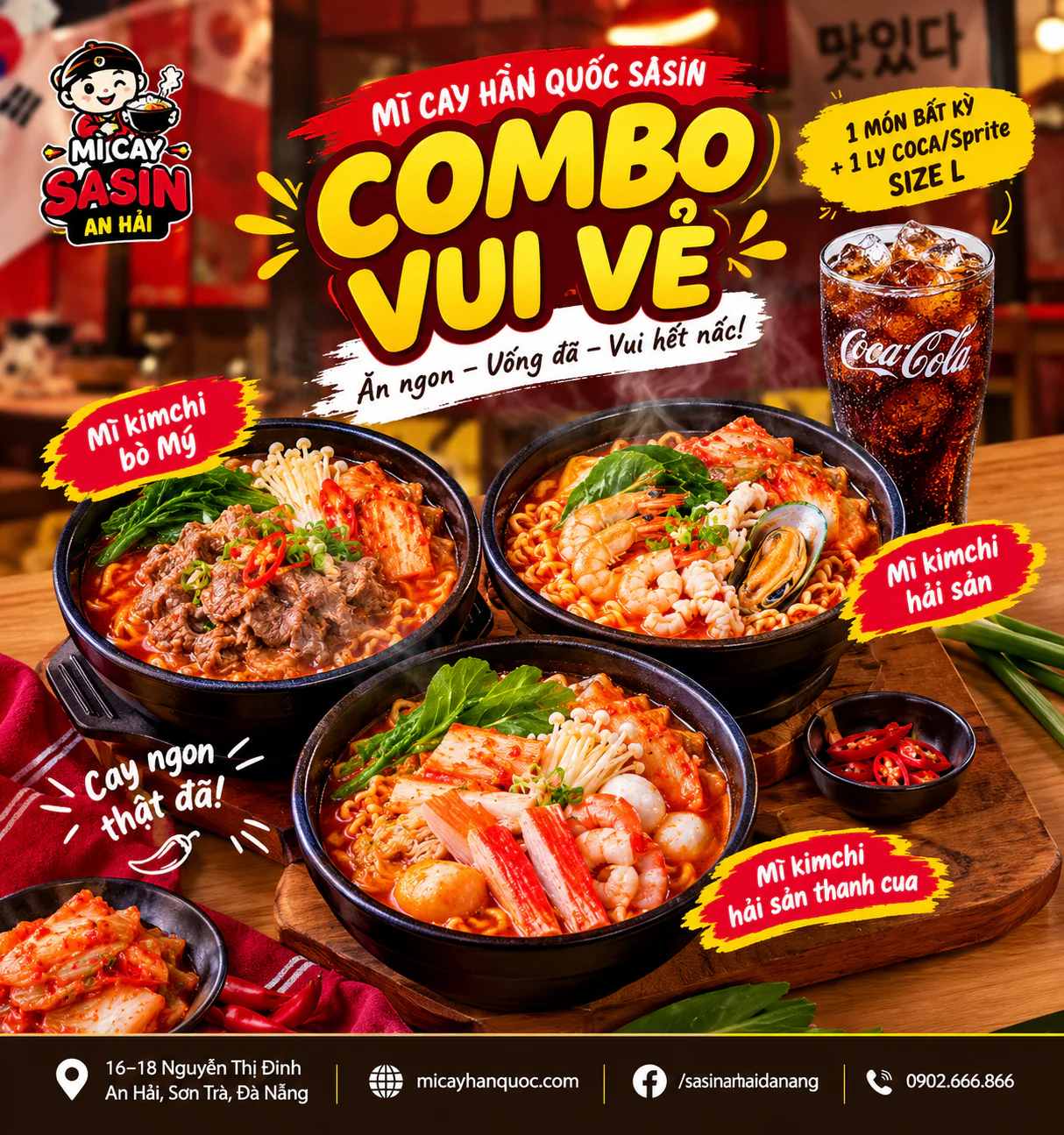 Combo Vui Vẻ Sasin gồm mì kimchi bò Mỹ, hải sản, thanh cua và nước ngọt size L
