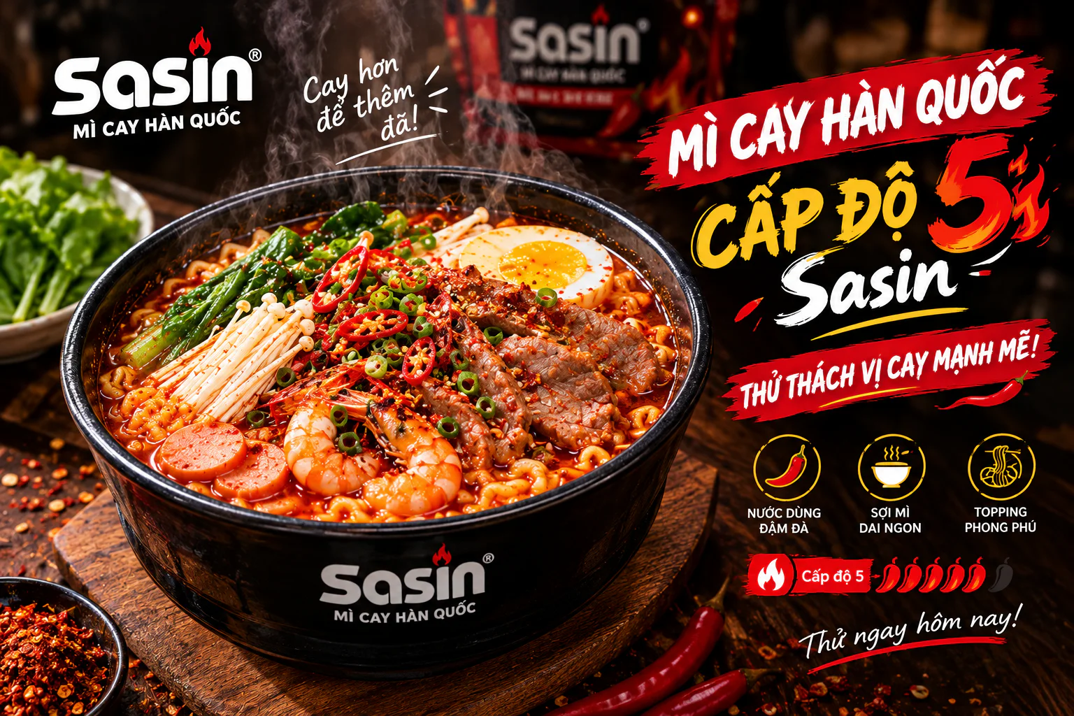 Tô mì cay Hàn Quốc cấp độ 5 Sasin với nước dùng đỏ và topping phong phú