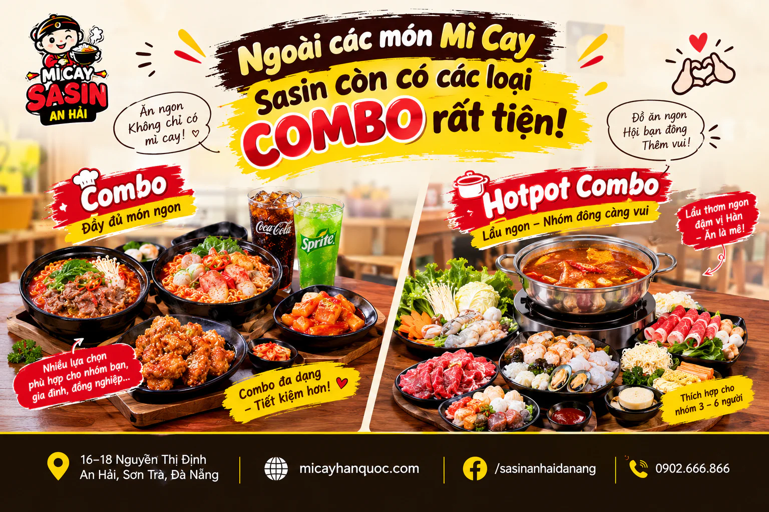 Combo mì cay và combo lẩu được giới thiệu tại Mì Cay Sasin An Hải, Đà Nẵng