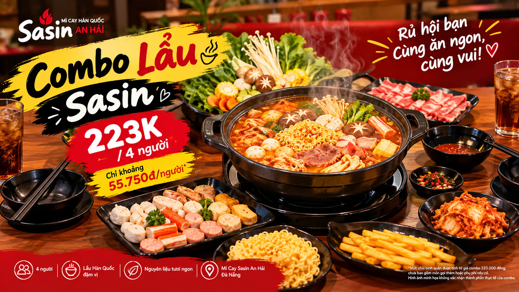 Nồi lẩu nóng hổi dành cho nhóm 4 người tại Mì Cay Hàn Quốc Sasin An Hải, minh họa Combo Lẩu giá 223.000 đồng.