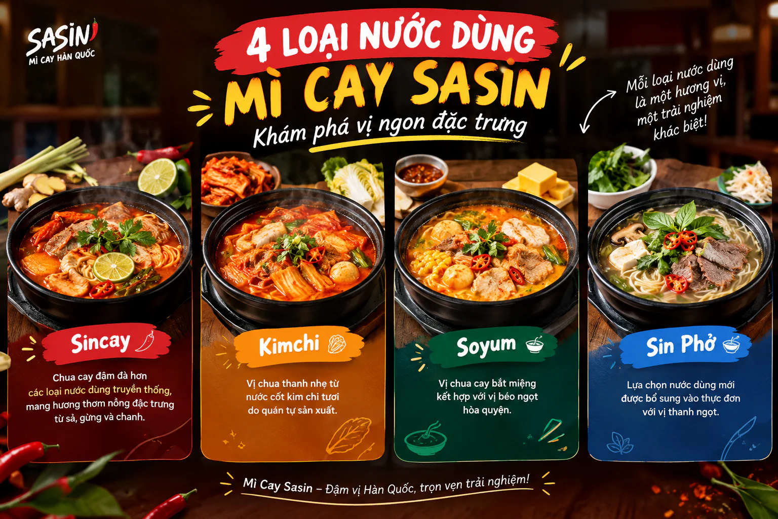 Bốn loại nước dùng mì cay Sasin: Sincay chua cay, Kimchi chua thanh, Soyum béo ngọt và Sin Phở thanh ngọt