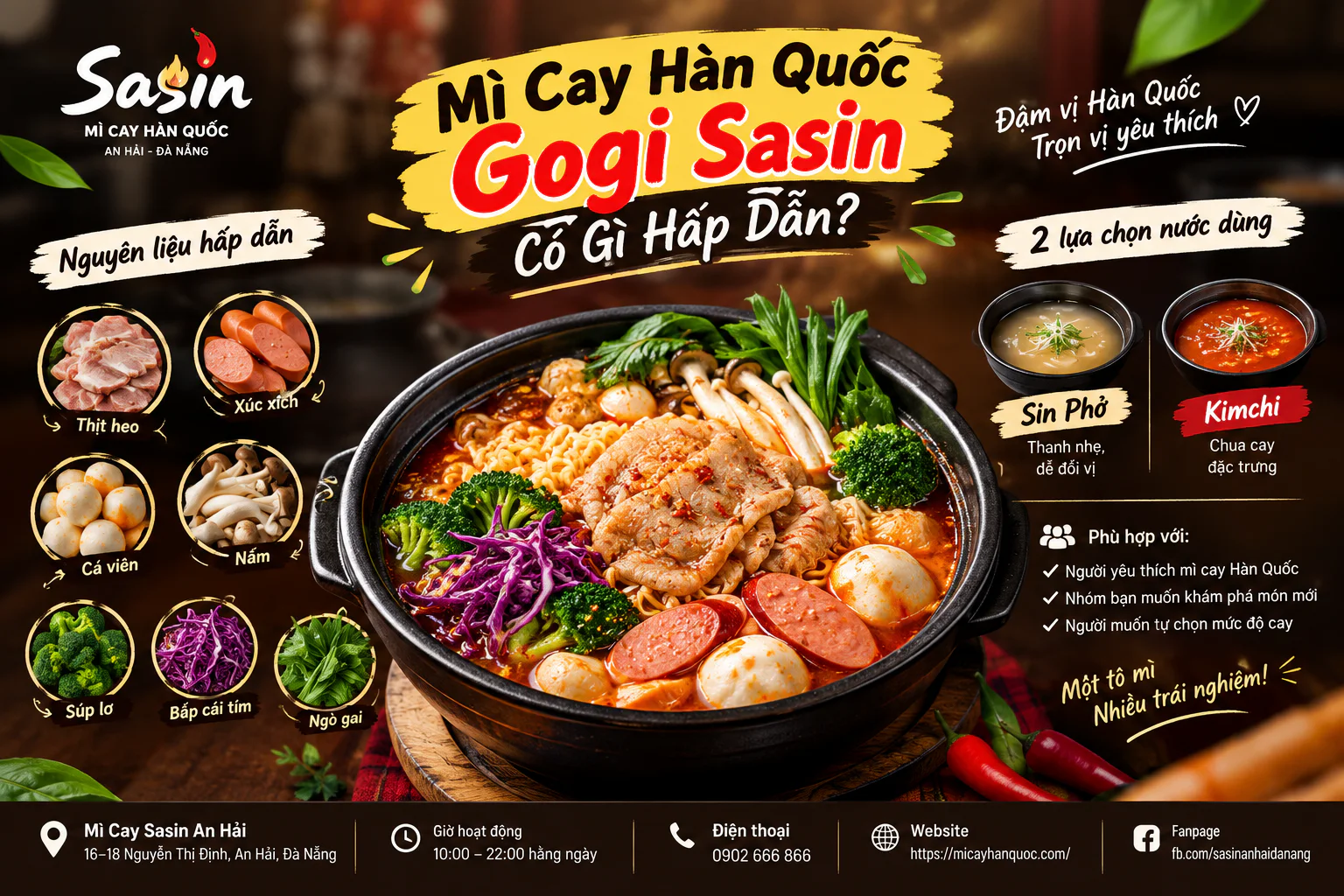 Tô mì cay Hàn Quốc Gogi Sasin với thịt heo, xúc xích, cá viên, nấm và rau ăn kèm, hai lựa chọn nước dùng Sin Phở và Kimchi