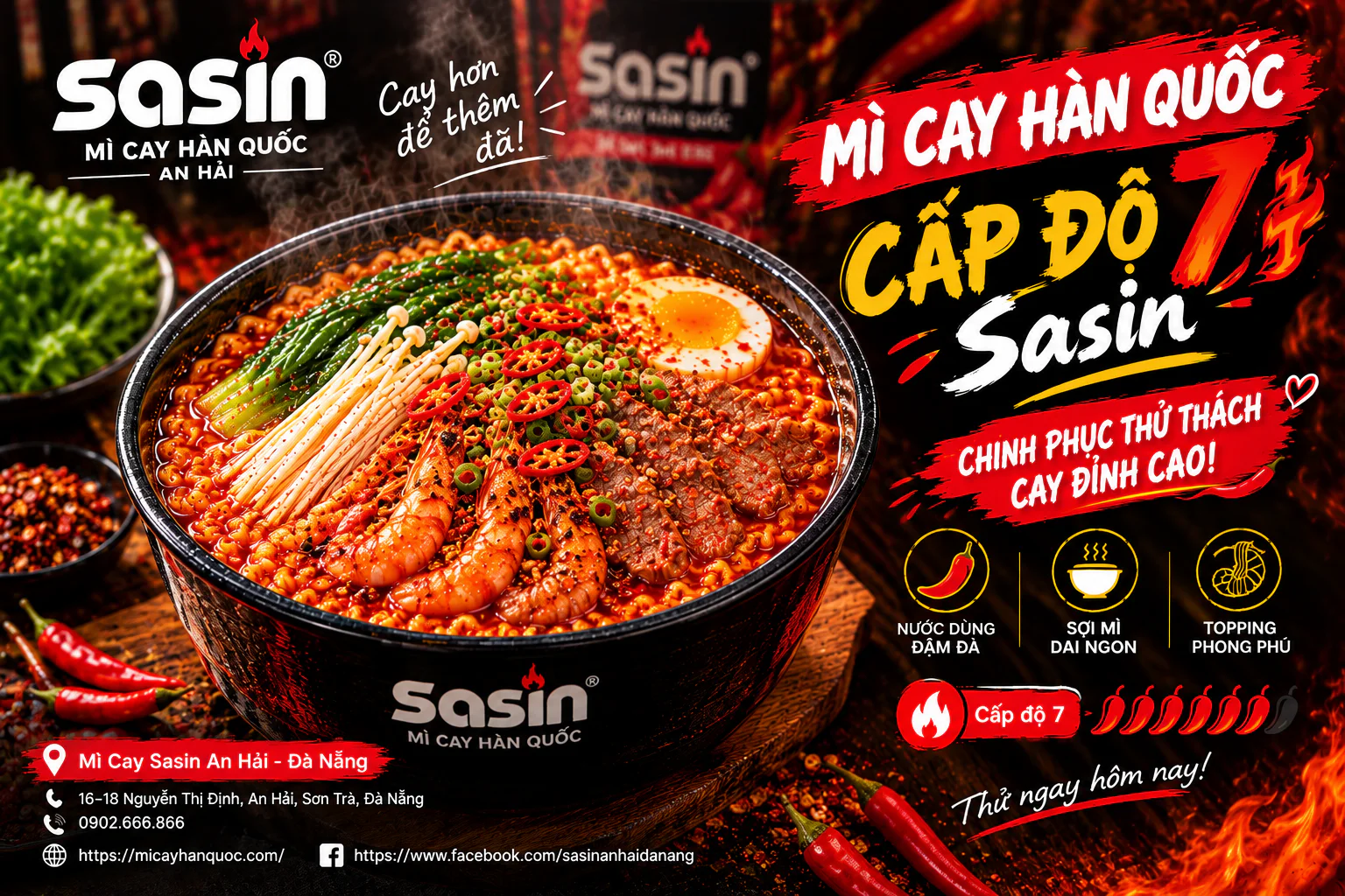 Tô mì cay Hàn Quốc cấp độ 7 tại Sasin với nước dùng đậm đà và topping đa dạng